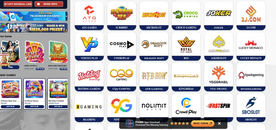 PSG888 game library interface with multiple game-provider tiles